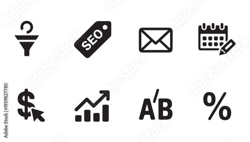 Digital marketing and seo optimization icons including sales funnel calendar and email symbol