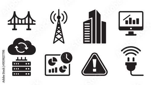 Industrial infrastructure and technology icons set featuring bridge tower and cloud servers