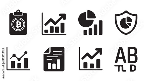 Bitcoin graph success chart clipboard report and business analytics concept icons