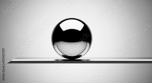 Shiny black glass sphere on metallic surface reflective lighting minimalist background