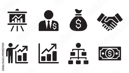 Business presentation finance money handshake people and organizational chart icons