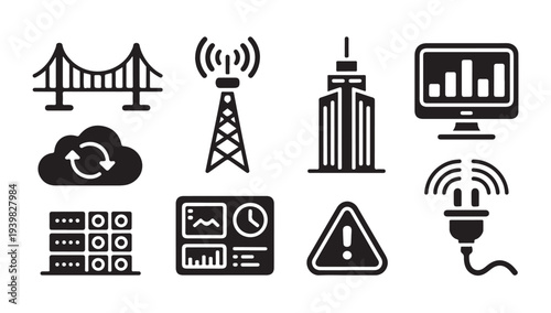 Technology and infrastructure icon set. symbols for network, cloud, and data centers