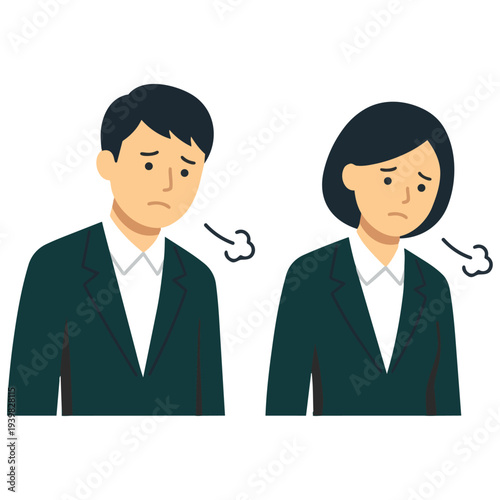 A young businessman and businesswoman in suits sighing and feeling depressed
