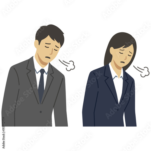 A young businessman and businesswoman in suits sighing and feeling depressed