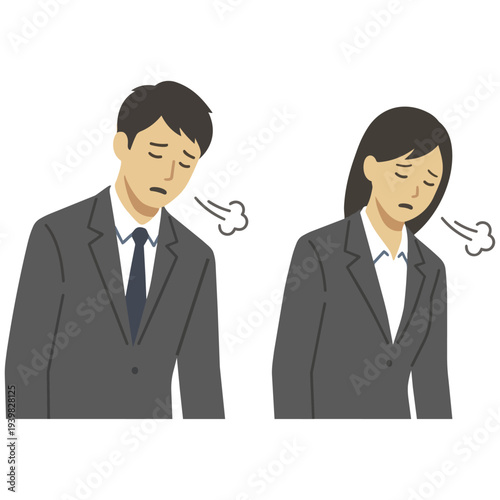A young businessman and businesswoman in suits sighing and feeling depressed