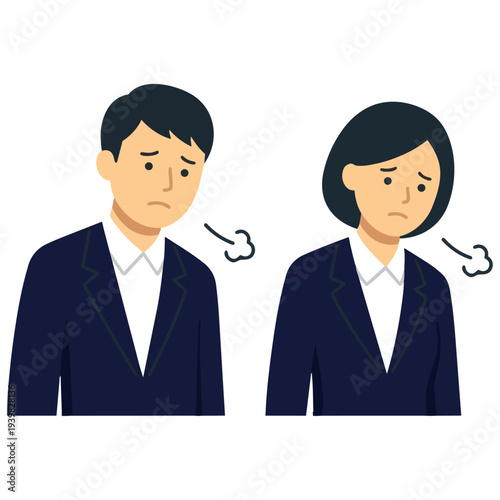 A young businessman and businesswoman in suits sighing and feeling depressed