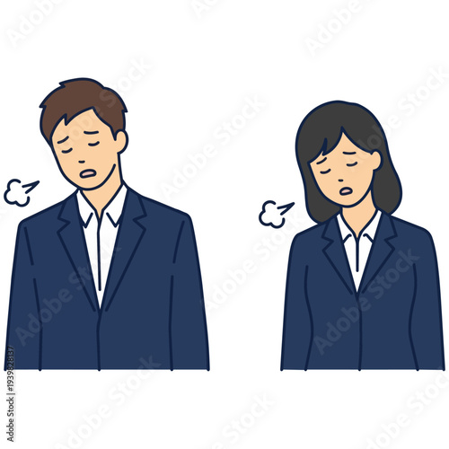 A young businessman and businesswoman in suits sighing and feeling depressed