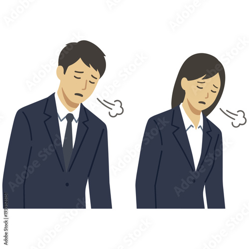 A young businessman and businesswoman in suits sighing and feeling depressed