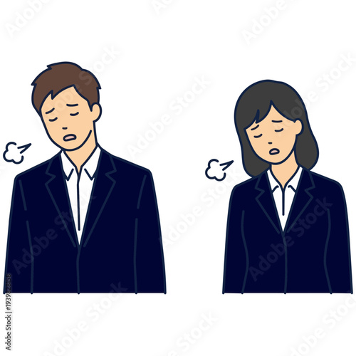 A young businessman and businesswoman in suits sighing and feeling depressed