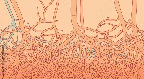 Abstract illustration of tangled tree roots and soil, symbolizing growth, nature, and interconnectedness