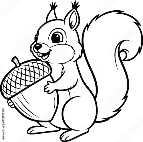 A cartoon squirrel holding an acorn with a cheerful expression