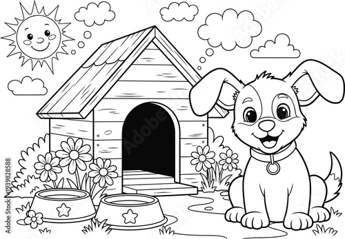 A cute puppy sitting outside its doghouse on a sunny day
