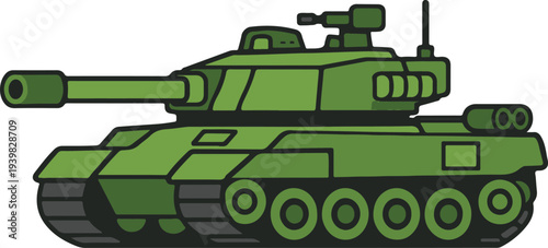Military Green Battle Tank Illustration Vector, Isolated Heavy Armored Vehicle Flat Icon