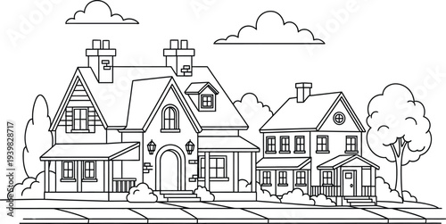 A black and white drawing of two houses on a suburban street