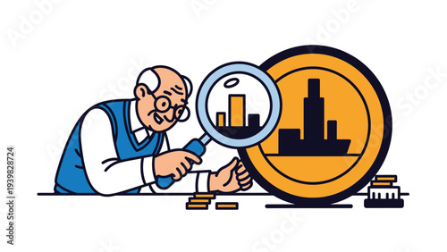 Senior Man Analyzing Financial Data and Investment Growth with Magnifying Glass and Gold Coins