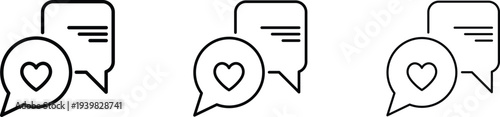 Three speech bubbles with hearts inside, minimalist line symbol chat bubbles, and heart shape icon