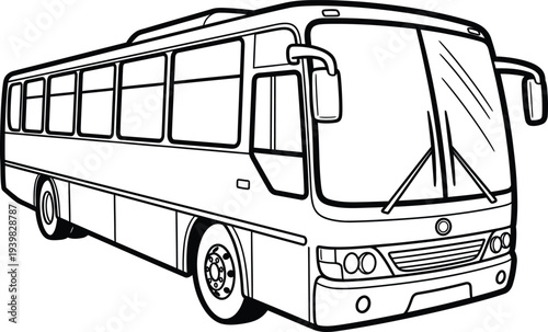 A black and white line drawing of a large passenger bus