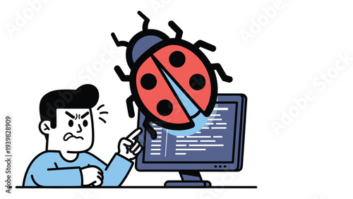Angry programmer pointing at a software bug on a computer monitor, coding error, debugging illustration.