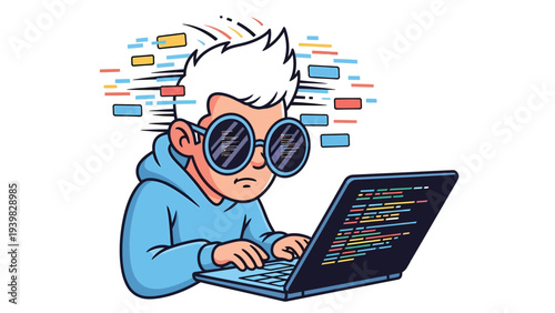 Focused Cartoon Programmer Coding on Laptop with Data Stream. Software Developer Working on Tech Project, Digital Innovation Concept.