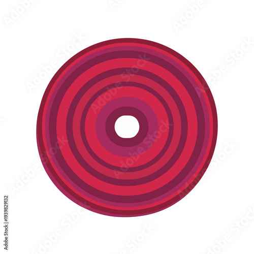 A stylized, concentric ring pattern in shades of red and purple against a white background, resembling a sliced beetroot or a vinyl record.