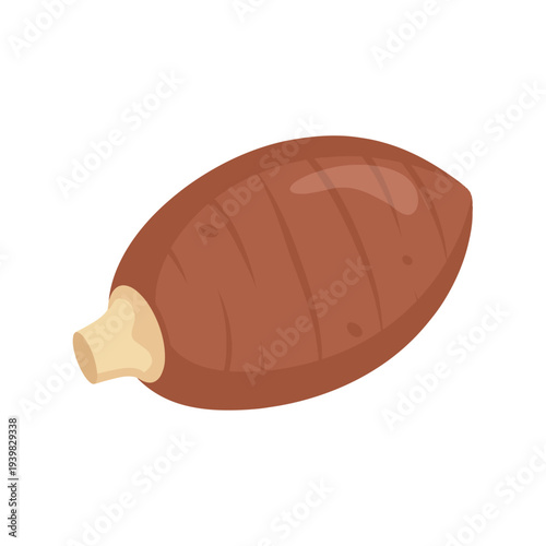 A cartoon illustration of a taro root on a white background. The root is oblong and brown with faint vertical lines and a lighter colored stem.