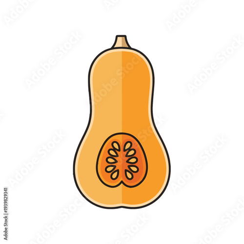 A cartoon illustration of a butternut squash, halved to reveal its seeds.