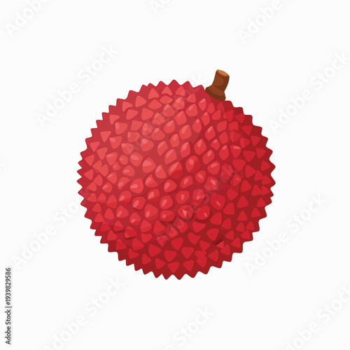 A single, ripe lychee fruit with a bumpy red rind and a small stem is shown against a white background.