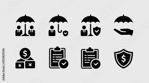 Set of black icons representing insurance and financial security concepts.