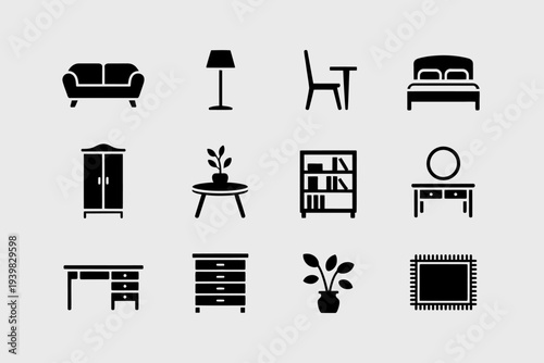 Collection of black silhouettes of various furniture and home decor items.