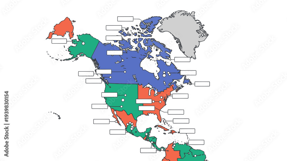 Obraz premium North America Map Regions Color Coded Divided Territories Blank Labels for Text and Information Overlay Graphic Design Template