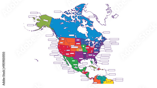 North America Political Map with Regional Divisions and Labels - Vector Illustration for Global Business and Education
