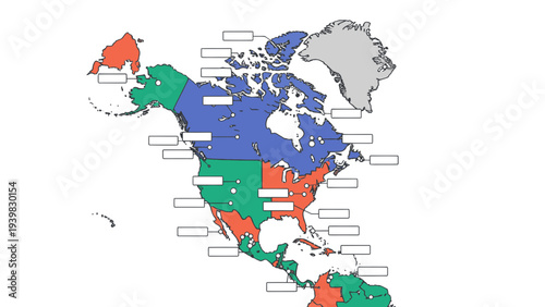 North America Map Regions Color Coded Divided Territories Blank Labels for Text and Information Overlay Graphic Design Template