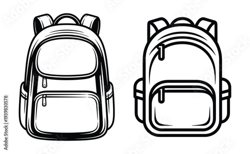 School Backpack Detailed Outline Vector Illustration, Black White Backpack Line Drawing for Back to School Retail Catalog