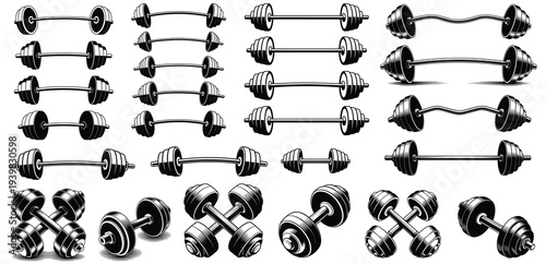 Vintage Engraving Barbell Dumbbell, Premium Engraving Style, Barbell Dumbbell Vector Collection, Black White Crosshatch Gym Equipment Bundle for Fitness Brand