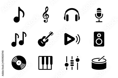 Collection of Music Icons Featuring Instruments and Audio Symbols.