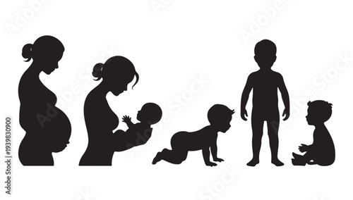 Stages of human life from pregnancy to childhood with silhouette figures