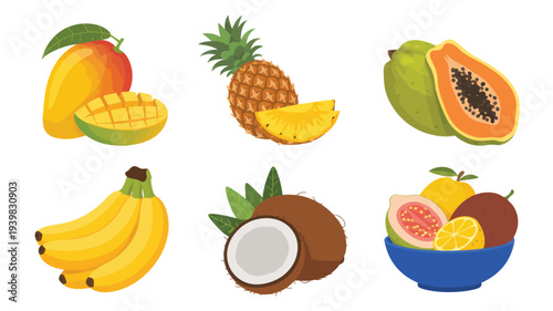 A Vibrant Collection of Exotic Fruits in a Flat Cartoon Style, Showcasing Mangoes, Pineapple, Papaya, Bananas, Coconuts, and a Tropical Medley