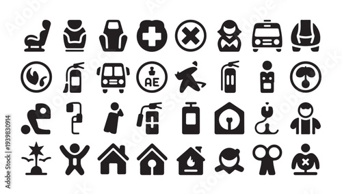 Emergency safety and public transportation signage icons for urban guidance and protection