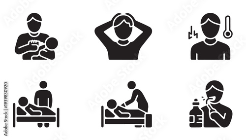 Symptom management and home healthcare icons depicting patient monitoring and medication use