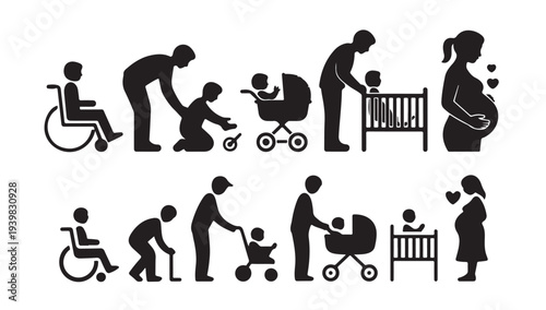 Family support and care icons with people and stages of life