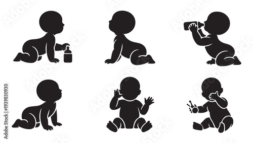 Baby milestones icon set featuring infants crawling, sitting, and drinking from a bottle