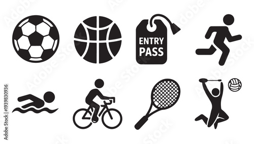 Sports and athletic activity icons collection including ball games and outdoor fitness set