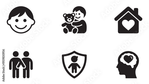 Happy child, family, and home vector icons for childhood and domestic life