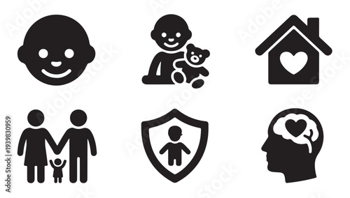 Happy baby, family, and home vector icons for childhood and loving relationships