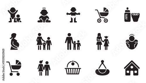 Baby and family icons collection for maternity and child care services vector silhouette
