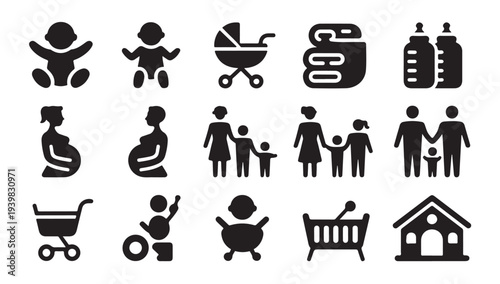 Baby and family icons collection for maternity and child care services vector silhouette