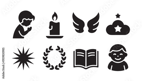 Religion and spirituality icons, prayer, candle, angel wings, cloud, star vector
