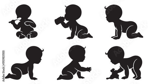 Baby silhouettes showing different developmental stages from sitting to crawling and feeding