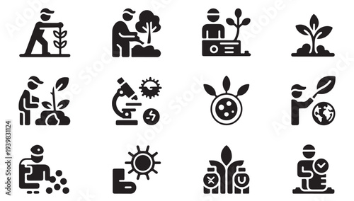 Agriculture and plant science icons showing gardening laboratory research and farming methods