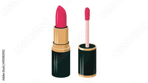 Digital illustration of vibrant pink lipstick in an elegant tube next to matching liquid lip gloss with applicator, symbolizing beauty, makeup, and cosmetic fashion